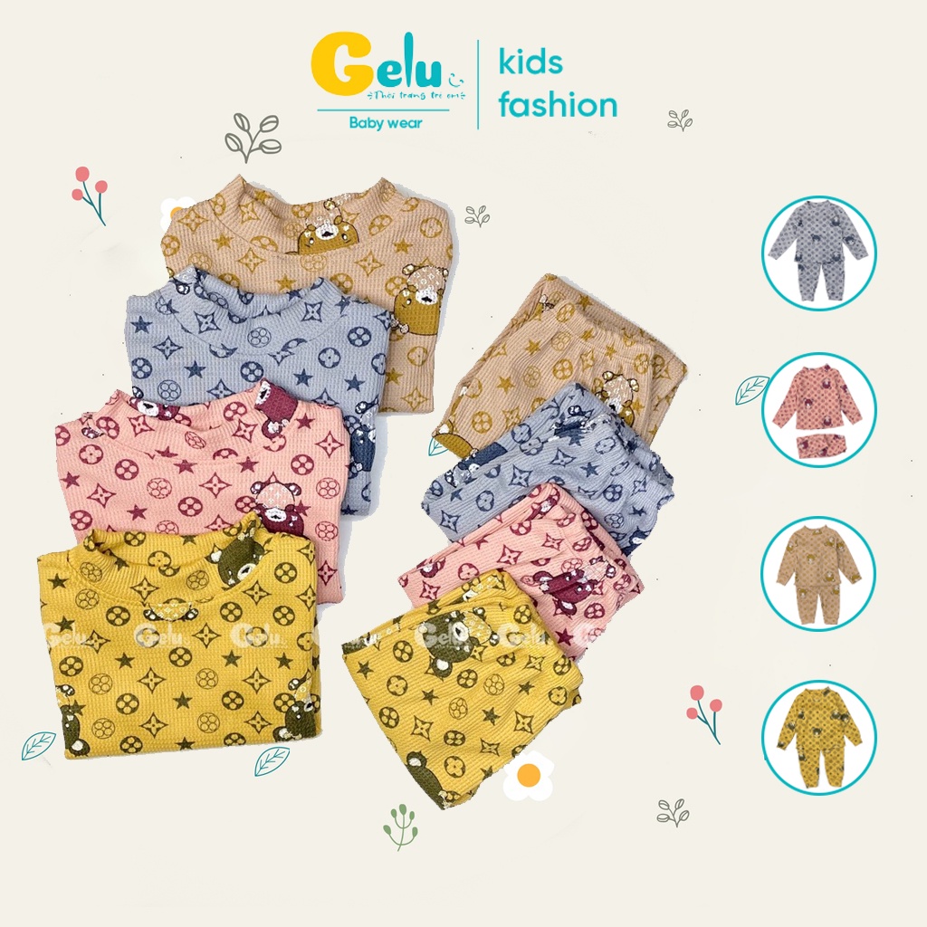 Bộ dài tay cho bé Gelu kids vải cotton tổ ong họa tiết gấu cao cấp-GLB008