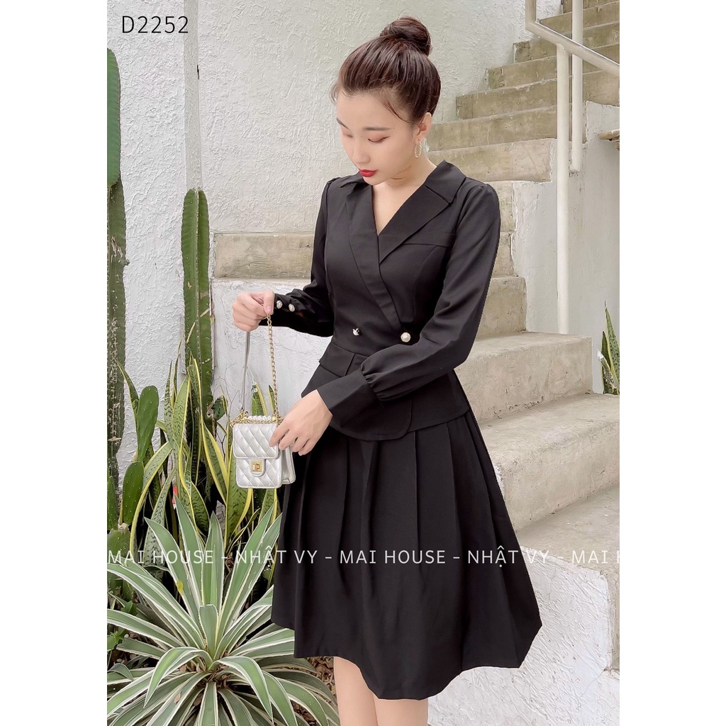 Đầm Nữ NHẬT VY Cổ Vest Dài Tay Phối Dập Ly Chất Kaki Thun Dáng Ôm Xoè Nhẹ Màu Đen, Nude - D2252