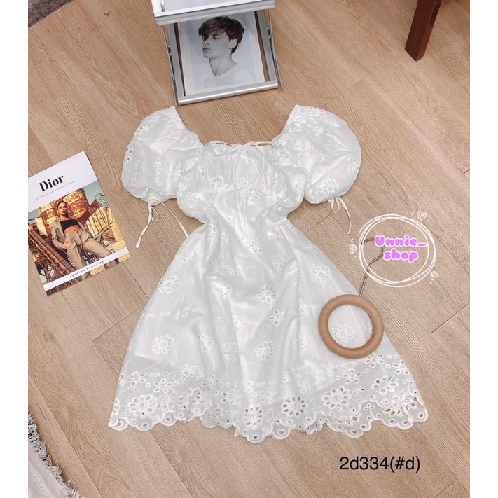 Đầm xô ren hoa tay phồng mã UDR003 trắng Hồng 💕☁️ Freesize