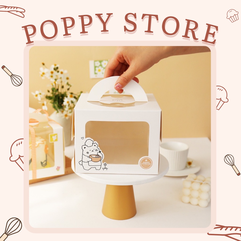 Hộp đựng bánh kem sinh nhật mini, tặng kèm đế bánh, mẫu gấu 1 dễ thương, kích thước 16x16x12cm - POPPY STORE