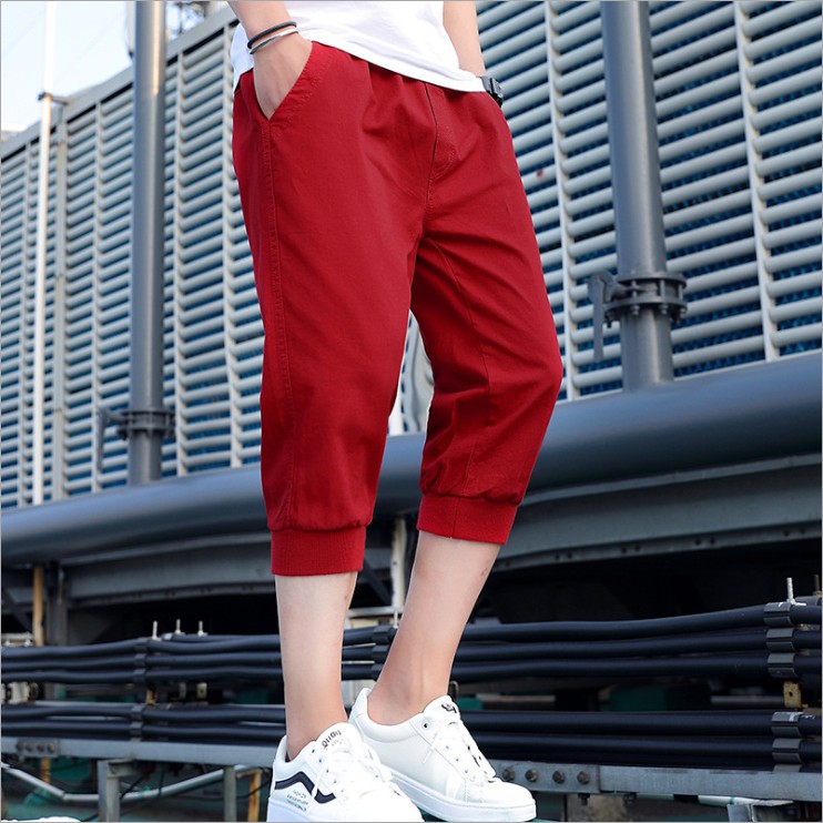 Men's Summer Solid Color Threaded Waist Cropped Casual Shorts Men's Sports Shorts Tethered Harem Pants