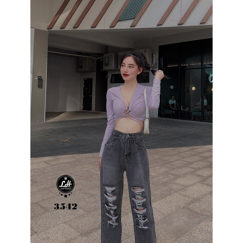 Quần jean nữ ống rộng, quần bò màu xám rách tả tơi siêu cá tính Lê Huy Fashion MS 3542