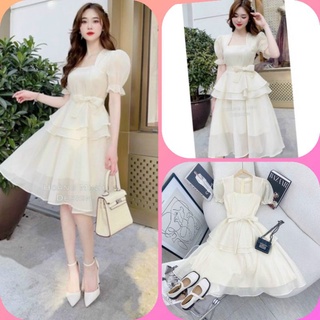 Đầm thiết kế dự tiệc dáng xòe màu nude, váy voan dự tiệc tiểu thư sang trong dễ thương