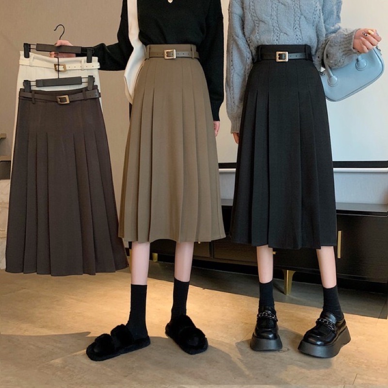 Chân váy dạ xếp li to kèm đai thắt vintage. Chân váy xoè công sở