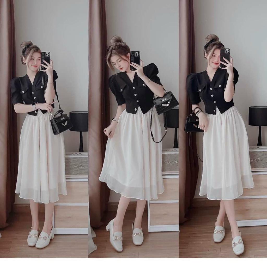 Set bộ croptop áo tay bồng mix chân váy thiết kế dáng xòe dài (có lót) tinh tế sang chảnh dự tiệc dạo phố  XM MINH PHÚC