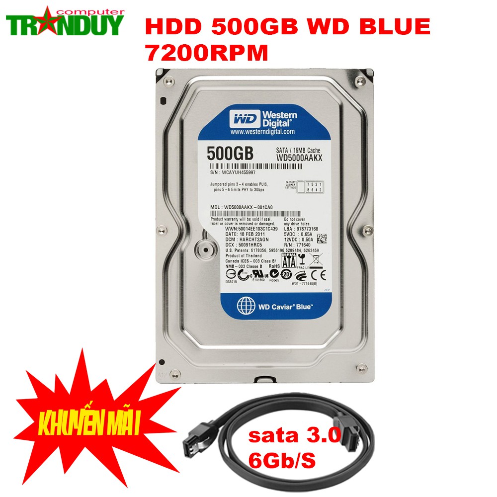 Ổ cứng Máy Bàn WD Blue 500GB 7200Rpm, SATA3 6Gb/s, 16MB Cache,Bảo Hành 24 Tháng