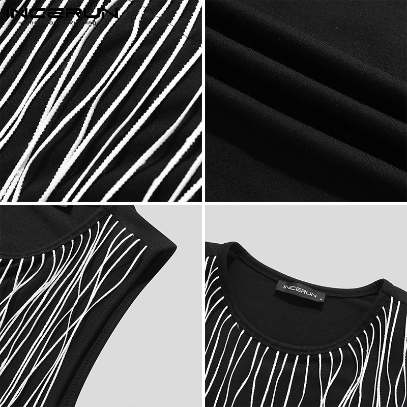 Áo thun INCERUN ba lỗ màu đen dáng rộng phối tua rua thời trang cho nam giới