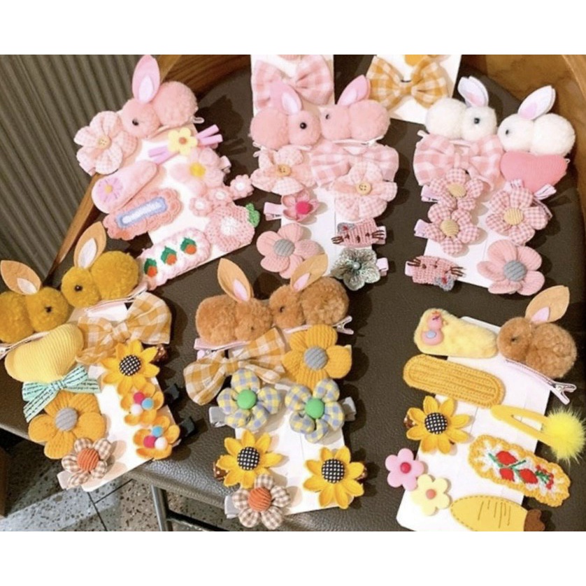 Sét 9 kẹp tóc thỏ, hoa và nơ dễ thương