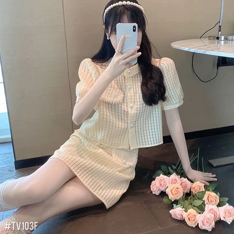 Set áo kèm chân váy viền ngọc siêu xinh phong cách tiểu thư_ hàng Quảng Châu cao cấp