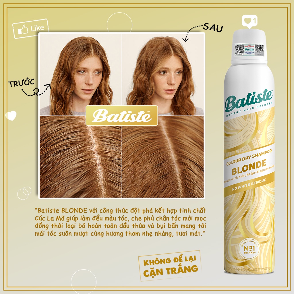 Dầu Gội Khô Batiste Anh Quốc Dành Cho Tóc Vàng, Tóc Sáng Màu - Batiste Colour Dry Shampoo BLONDE 200ml