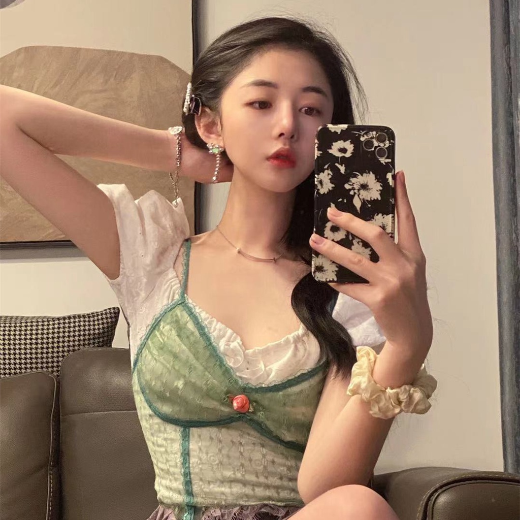 Bộ Quần Áo Ngắn Phối Ren Màu Tương Phản Dễ Phối Đồ Thời Trang Mùa Hè