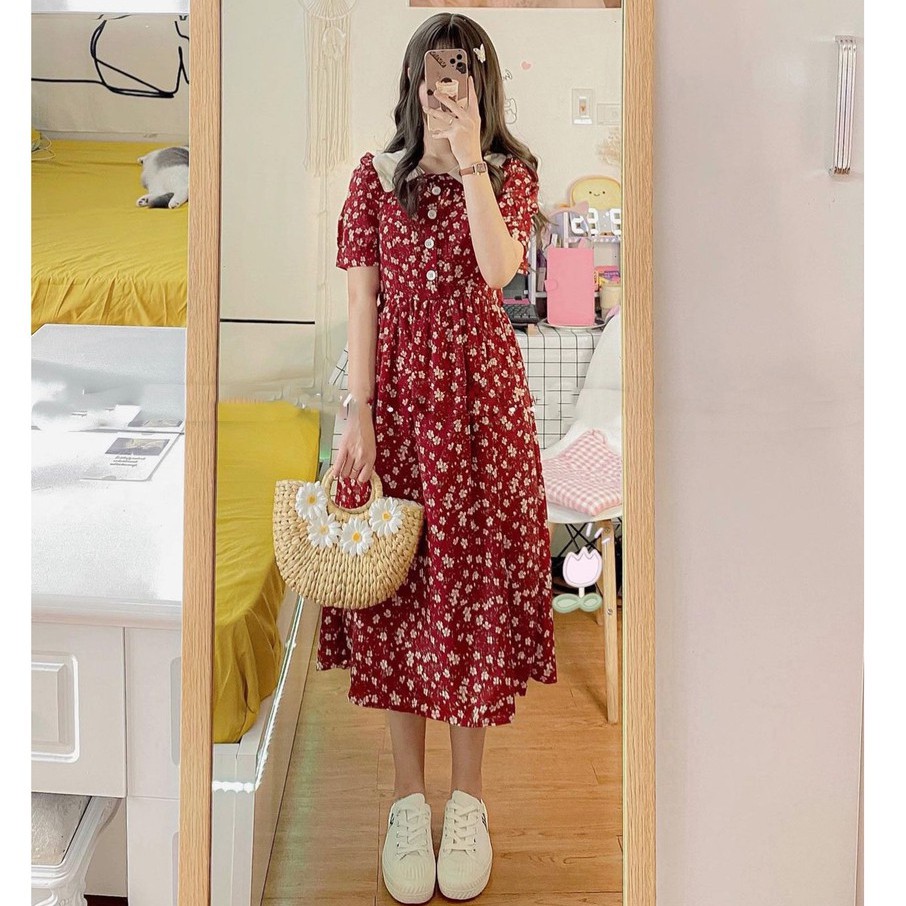 Váy hoa cổ bèo Vintage ngắn tay đi du lịch - Xưởng May Hạnh Hồng