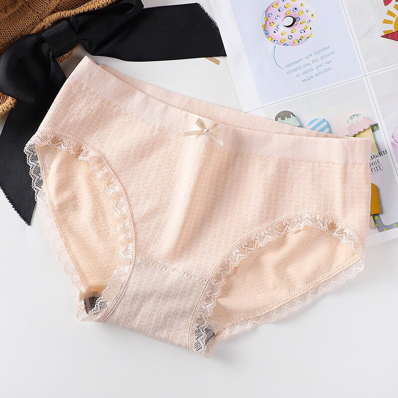 Quần Lót Cotton Co Giãn 4 Chiều Kẻ Caro Viền Ren Dễ Thương 555