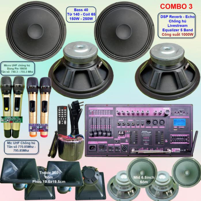 Mạch loa kéo 4 Bass 4 tấc 1000W DSP Reverb Echo có chống hú Livestream - Equalizer 5 Band kèm 4 tay mic