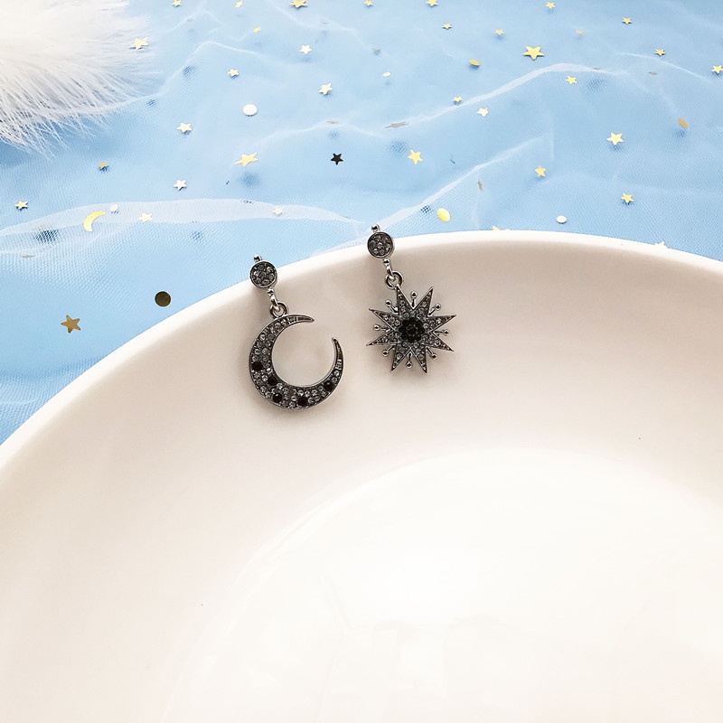 Bông Tai Mạ Bạc 925 Hình Mặt Trăng Mặt Trời Đính Kim Cương Giả Toàn Diện Phong Cách Retro Hàn Quốc Cho Nữ