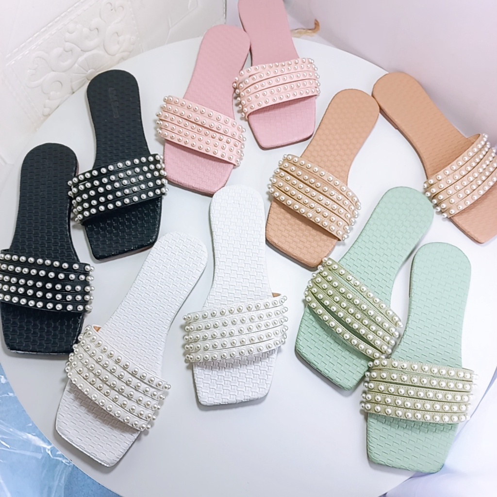 Dép nữ đế bệt mũi vuông quai ngang bản đính hạt ngọc đi làm đi chơi phong cách hàn quốc tiểu thư mã DBN MINHTUYETSHOES