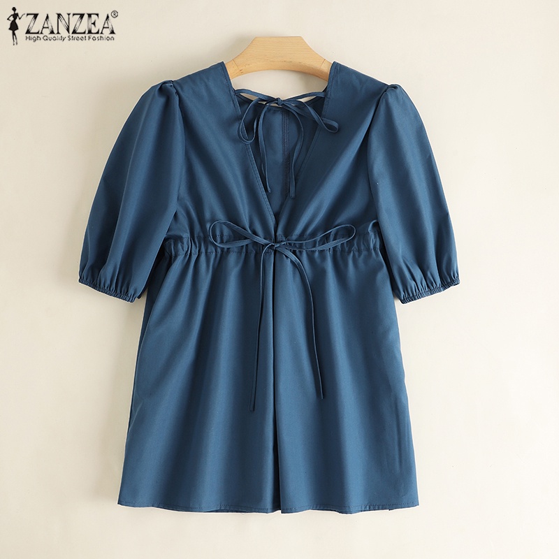 Áo kiểu ZANZEA tay phồng cổ tròn hở lưng phối dây rút thời trang dành cho nữ