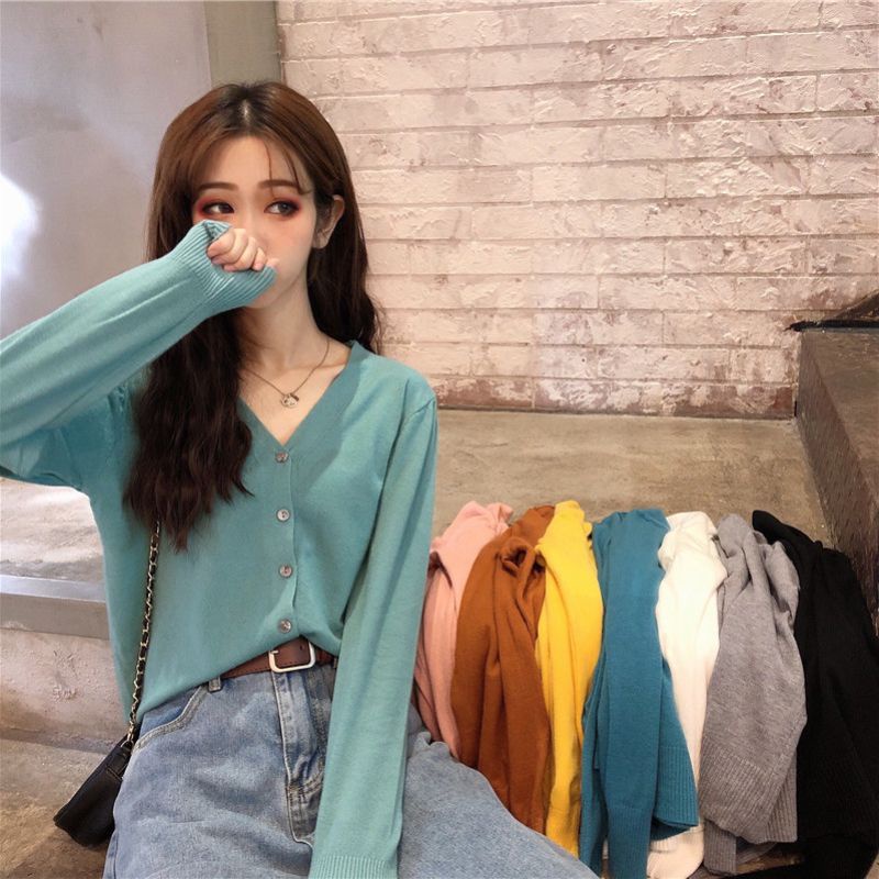 Áo Thun Len Áo Khoác Cardigan Tay Dài Nữ Ulzzang Cổ Tim