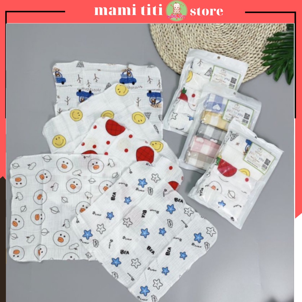 Khăn mặt cho bé, Set 5 khăn mặt sợi tre nhăn Wooyi họa tiết 100% cotton organic, kích thước 30x30cm