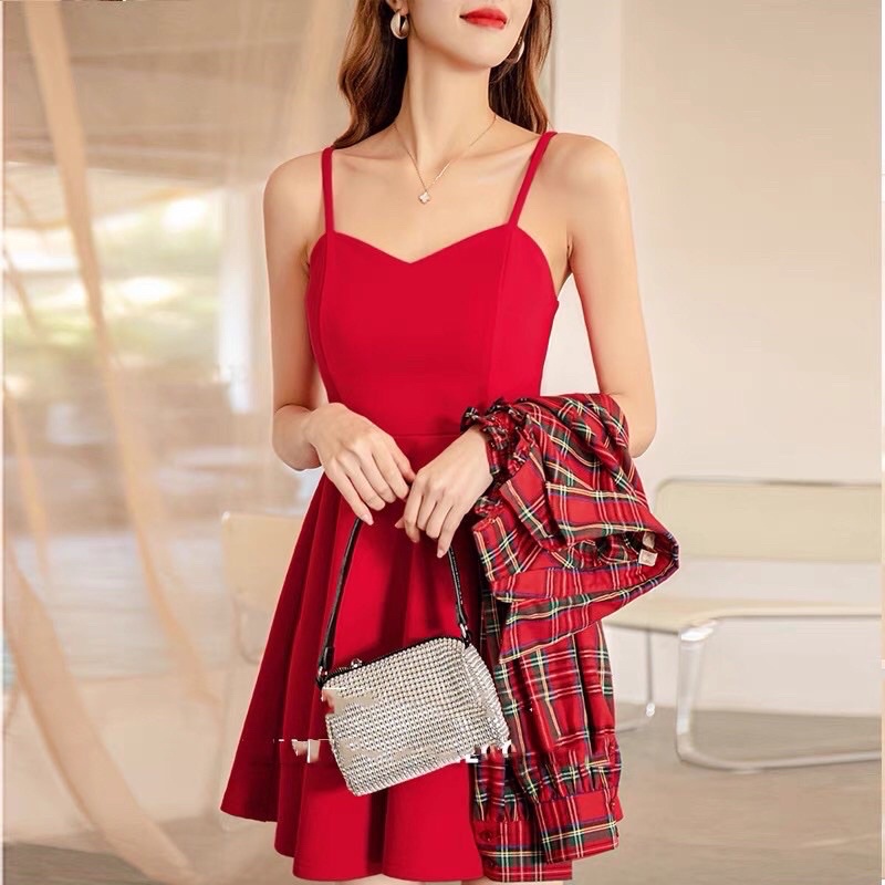 Set váy đỏ phối áo khoác kate cotton sọc caro trang trí siêu dễ thương