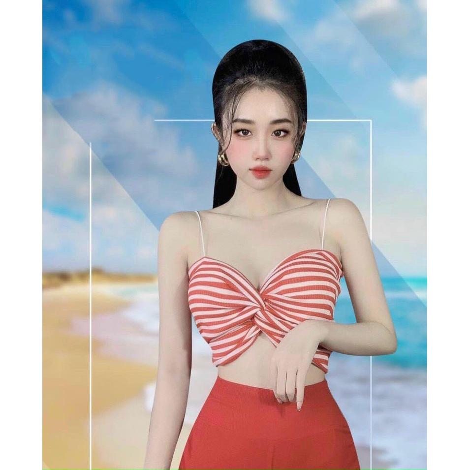 Áo 2 dây sợ bún áo croptop kẻ sọc xoắn ngực sexy mặc đi biển HIJUNE CT13
