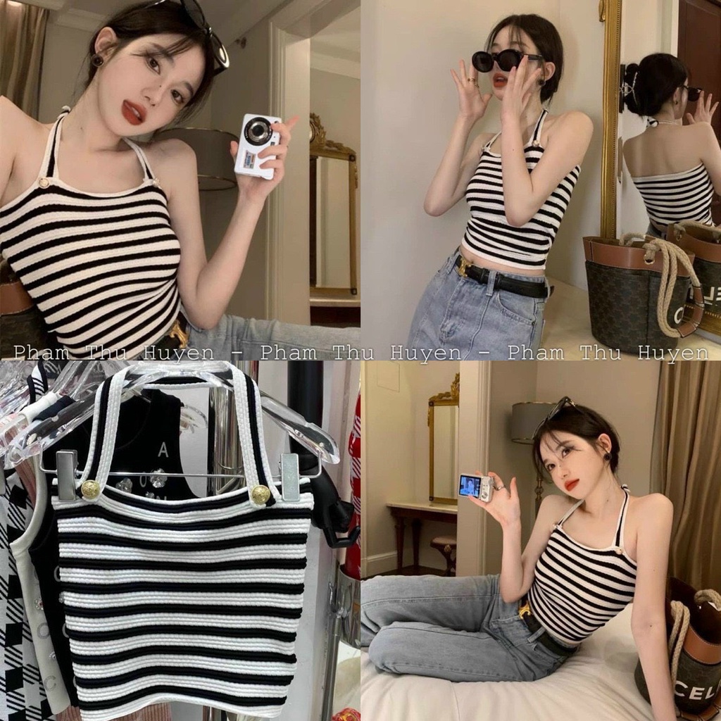 Áo yếm đính nút kiểu sọc ngang croptop cực xinh , chất thun gân dày dặn ly