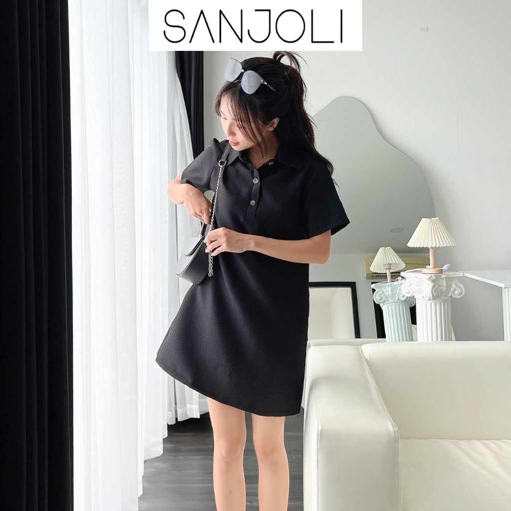 Váy babydoll nữ Sanjoli dáng suông cổ sơ mi vải xốp mịn oversize đi dự tiệc phong cách ulzzang VD034