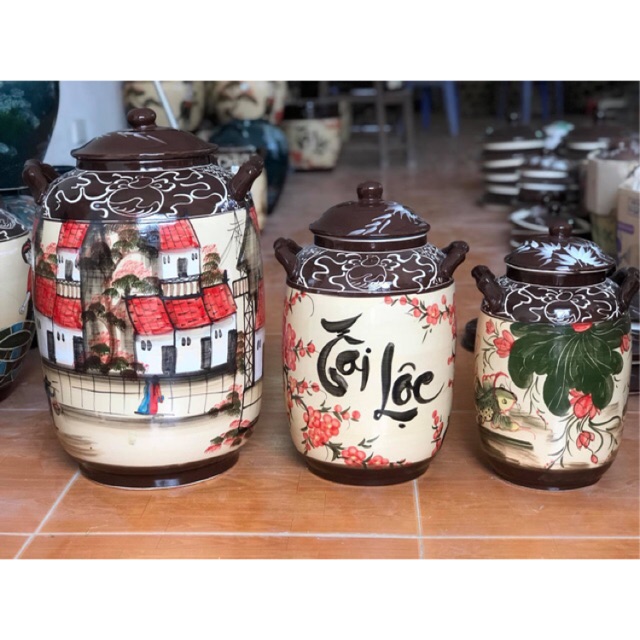 Bình đựng nước, ngâm rượu, đựng gạo sứ vẽ tay Bát Tràng