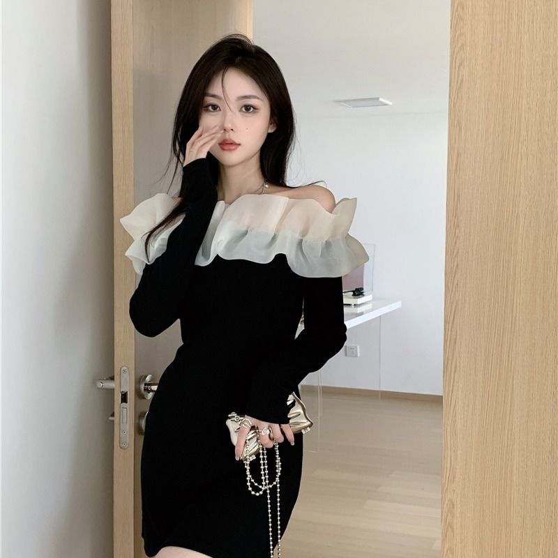 Đầm Ôm Tay Dài Cổ Bèo Nhún Xếp Nếp Thời Trang Mùa Hè Xinh Xắn Cho Nữ
