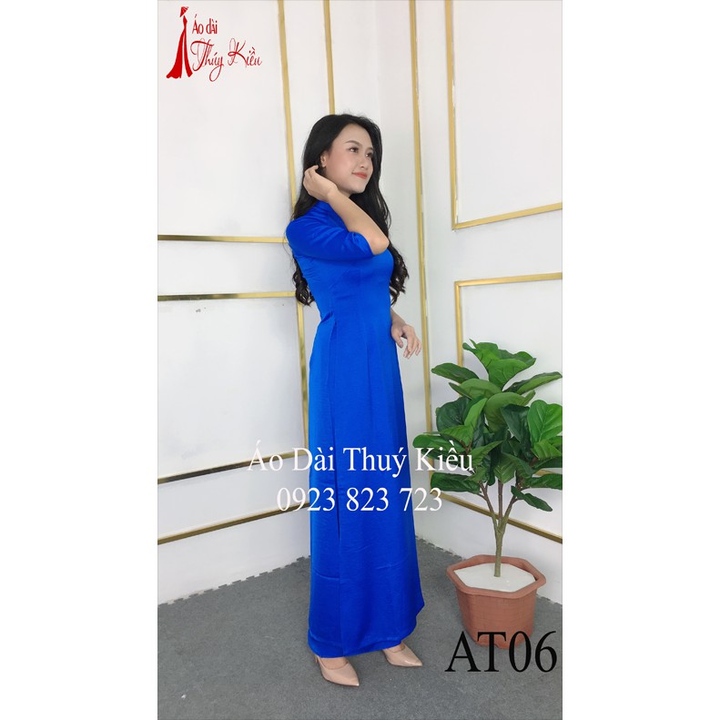 Áo dài Thúy Kiều trơn lụa Tây Thi cổ tàu màu xanh cô ban AT06