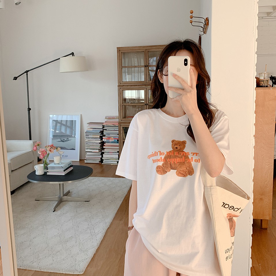 Áo Thun Nữ Tay Ngắn Dáng Rộng In Hình Gấu Dễ Thương Phong Cách Hàn Quốc 42035