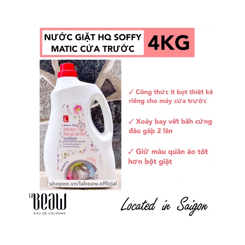 Nước giặt SOFFY MATIC CỬA TRƯỚC chai 4KG công nghệ HQ giữ màu quần áo luôn bền đẹp