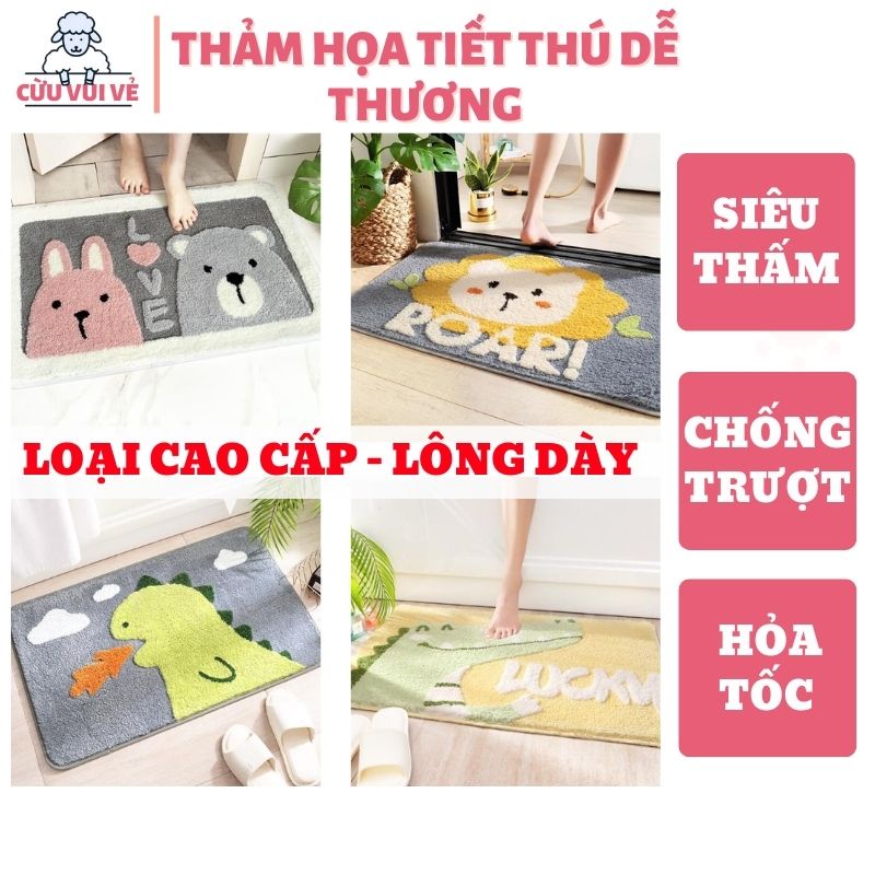 Thảm Chùi Chân Phòng Tắm Họa Tiết Thú Dễ Thương Siêu Thấm, Mềm Mịn 40*60