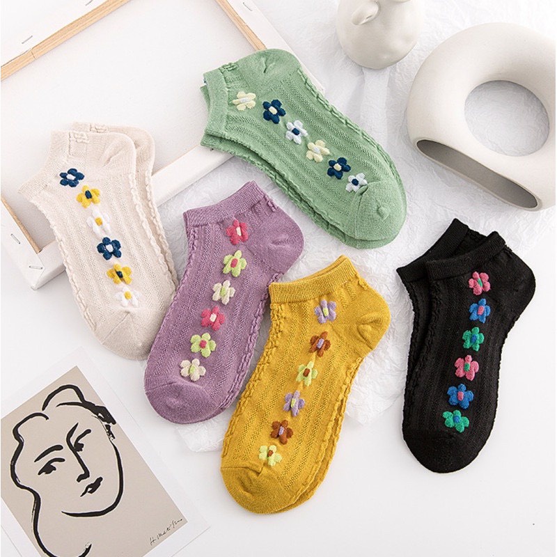 Combo 10 đôi tất cổ ngắn thêu họa tiết hoa thun gân dễ thương