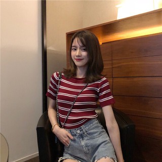 Áo Thun Gân Tay Ngắn Phối Sọc Kép Siu Cute TTS0492