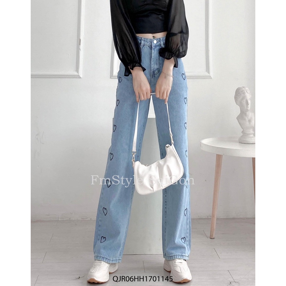 Quần jean nữ FLAKY SHOP cao cấp - Quần jean ống rộng phối hình thêu trái tim bắt mắt hàng chuẩn shop | BigBuy360 - bigbuy360.vn