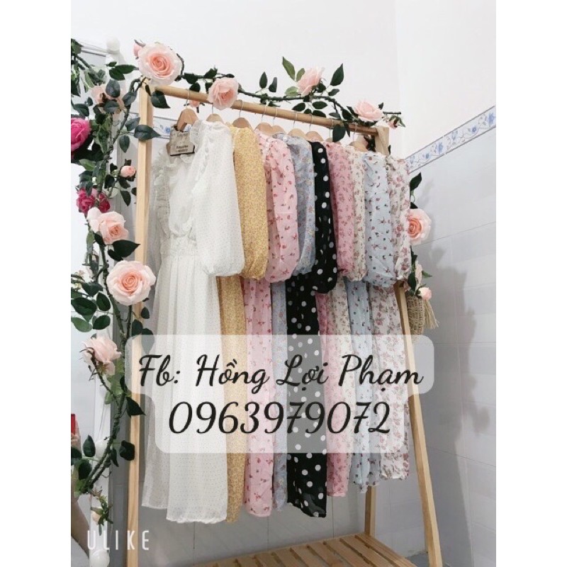 Đầm hoa nhí tay phồng tiểu thư viền ren