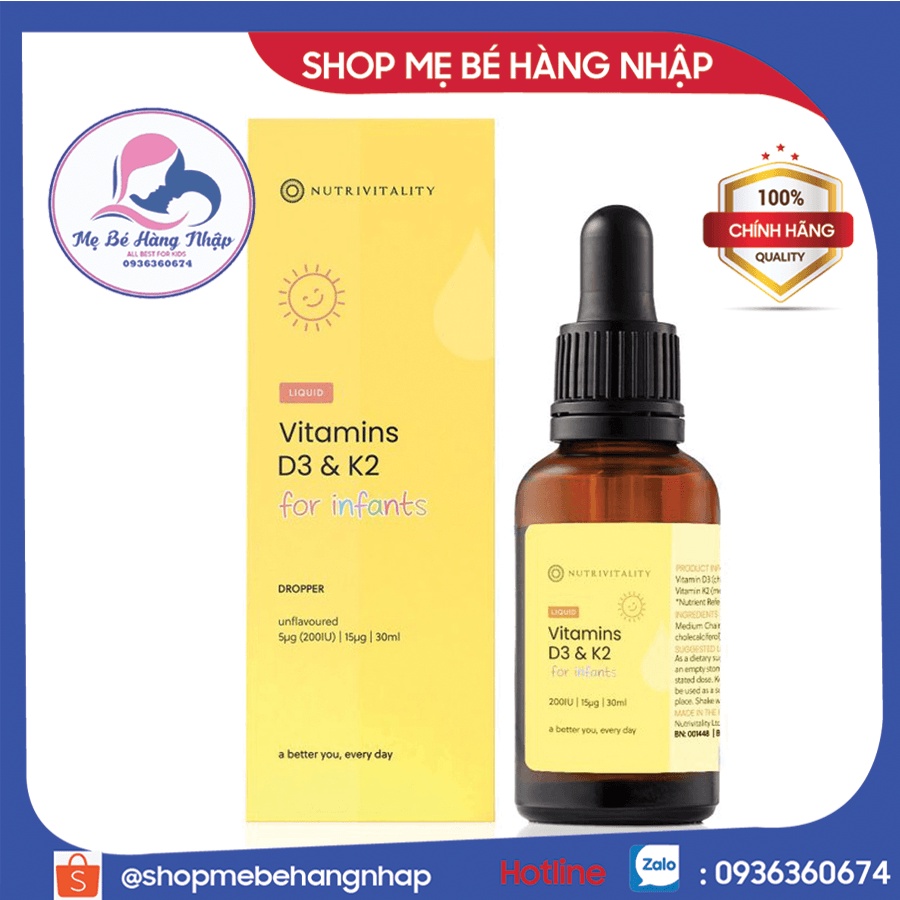 Vitamin D3 &amp; K2 MK7 cho bé Nutrivitality Anh D3K2 D3 K2 K2D3