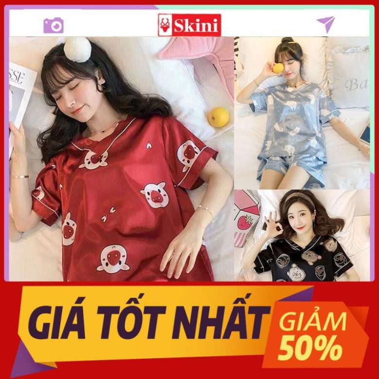 Sale Bộ Đồ Nữ ❤️FREESHIP❤️ Bộ Đồ Ngủ Lụa pijama cộc tay mặc nhà cute hoạt hình họa tiết dễ thương BN23