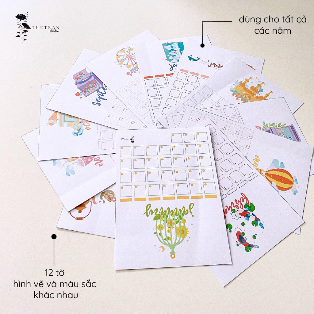 Bộ 12 tờ lịch kế hoạch hàng ngày 12 tháng dùng cho tất cả các năm A5, A6 / fantasy calendar / thetranstudio