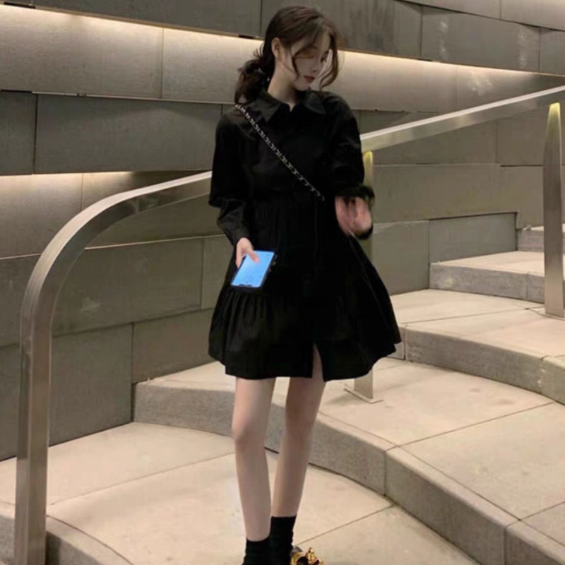 Đầm sơ mi RENJIANVSHENG tay dài hợp thời trang phong cách Hàn Quốc