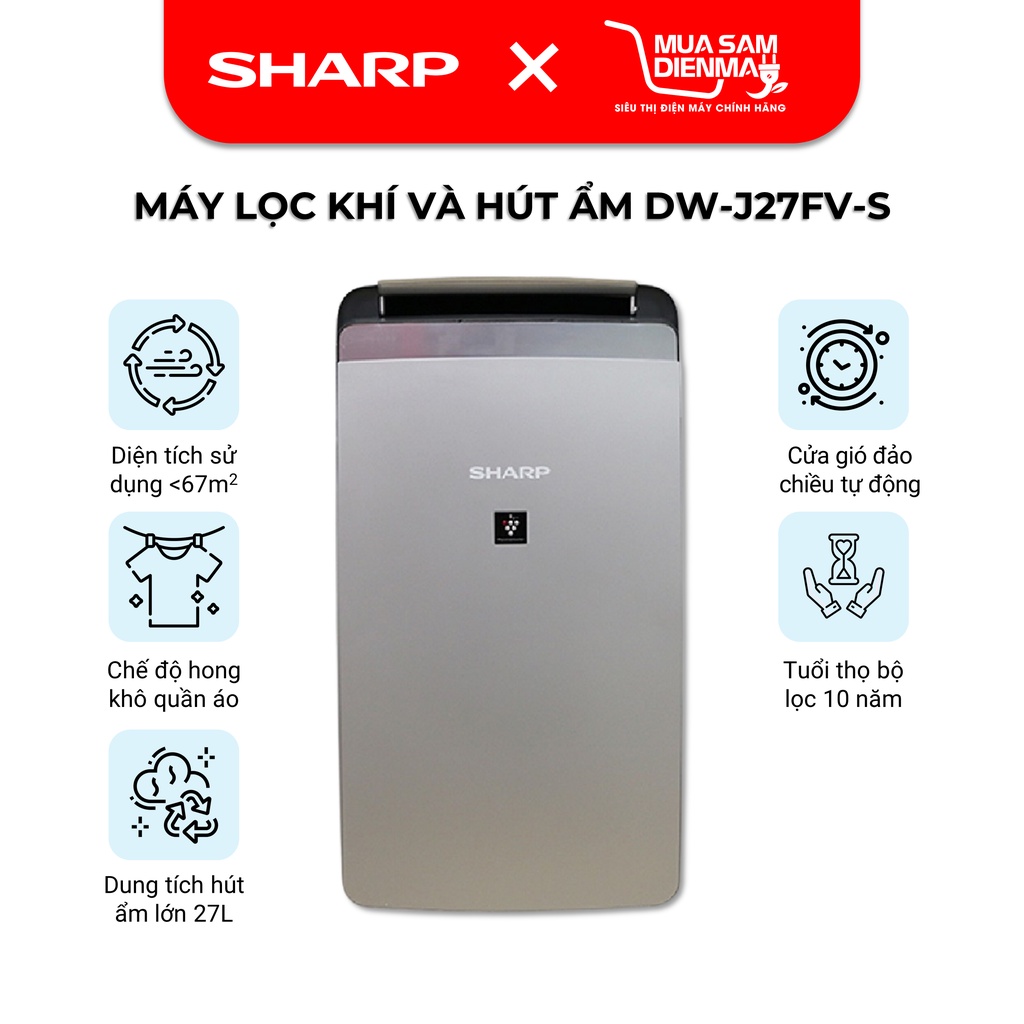 Máy lọc tạo ion không khí hút ẩm SHARP DW-J27FV-S Hàng Chính Hãng