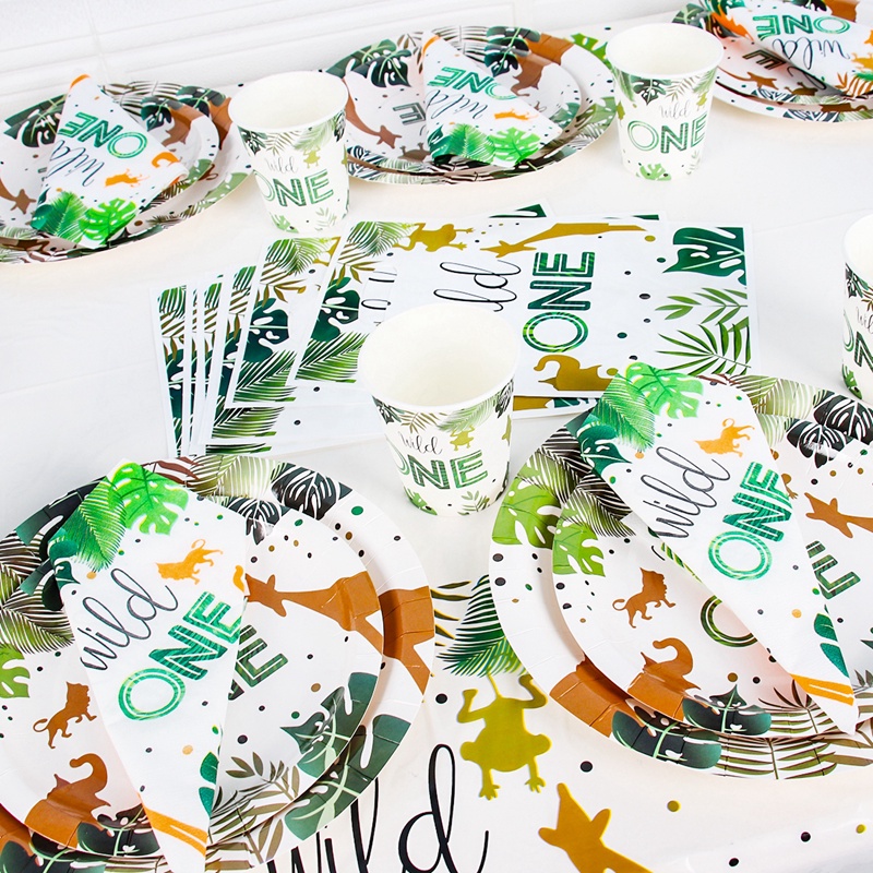 Bộ Dụng Cụ Bàn Ăn Và Cốc Giấy Dùng Một Lần Trang Trí Tiệc Sinh Nhật In Hình Rừng Cây Cho Trẻ Em 1 Tuổi