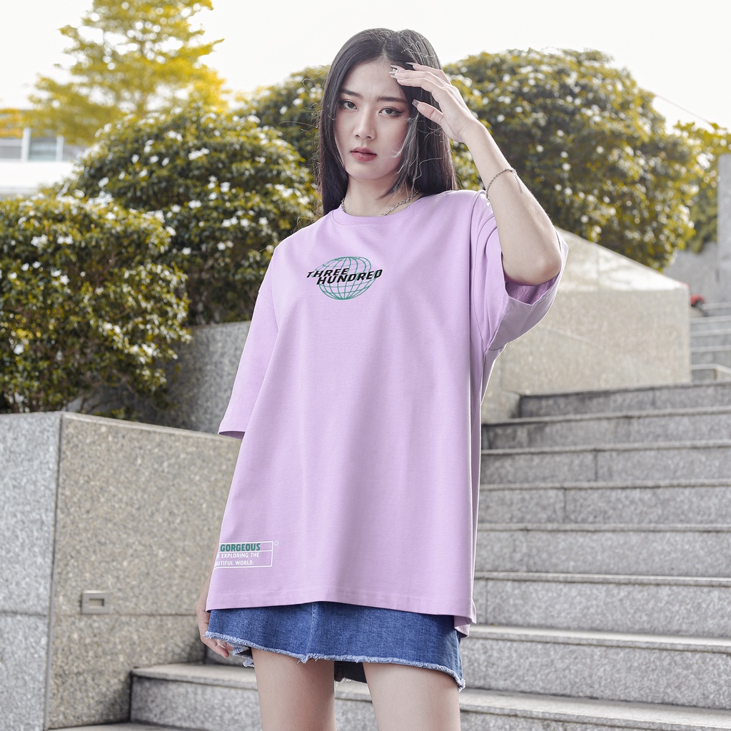 Áo Thun Tím In Chữ The World Gorgeous Màu Xanh Chất Liệu 100% Cotton Form Rộng Thoải Mái Unisex Nam Nữ