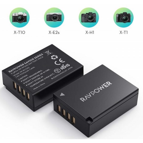 Bộ 2 pin + sạc RAVPower NP-W126S for Fujifilm FinePix, X-A5, X-H1, X-A10, X100F, X-T10, X-T20, X-Pro1, X-Pro2, 30EXR, HS