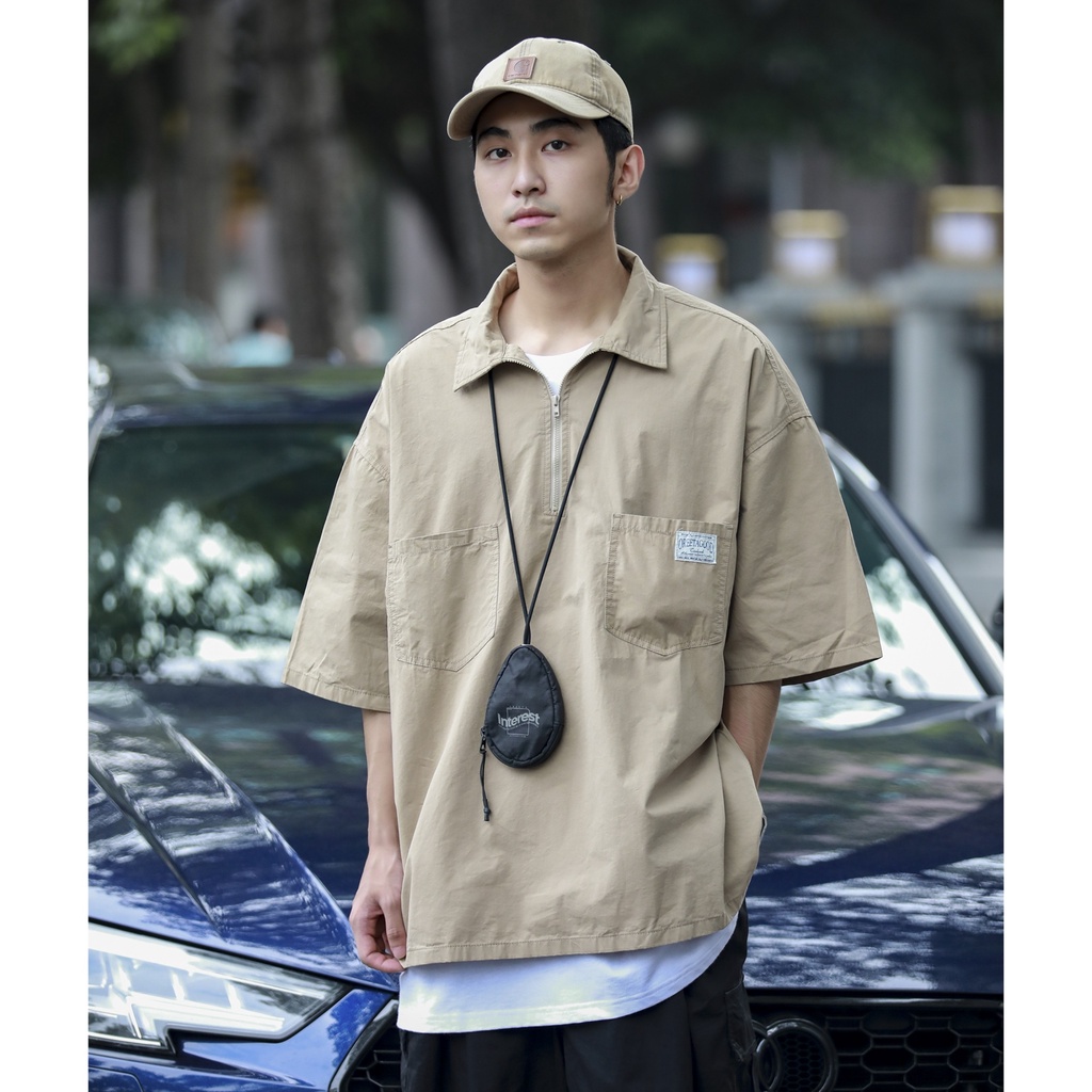 Áo sơ mi nam tay ngắn BOIZ áo sơ mi nam nữ unisex form rộng cổ áo có dây kéo