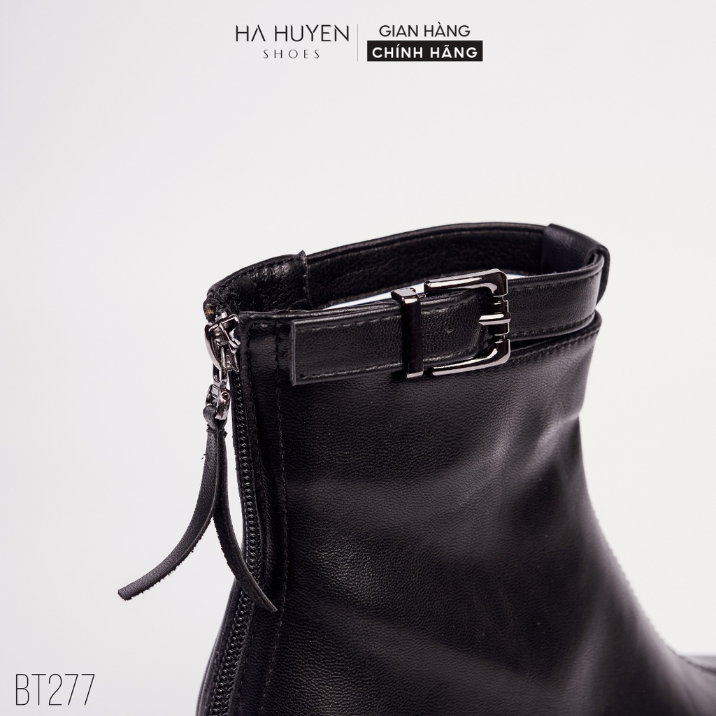 Giày boot nữ Hà Huyền Shoes bốt da mũi tròn cổ đai kim loại gót vuông 5 phân - BT277