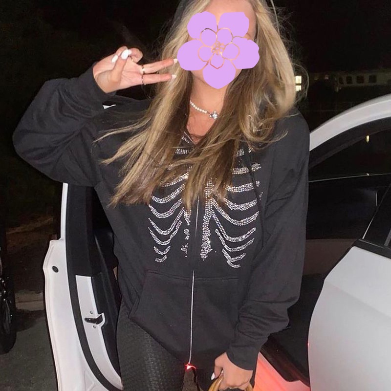 Áo khoác hoodie có khóa kéo đính đá họa tiết bộ xương 90s phong cách đường phố cho nữ