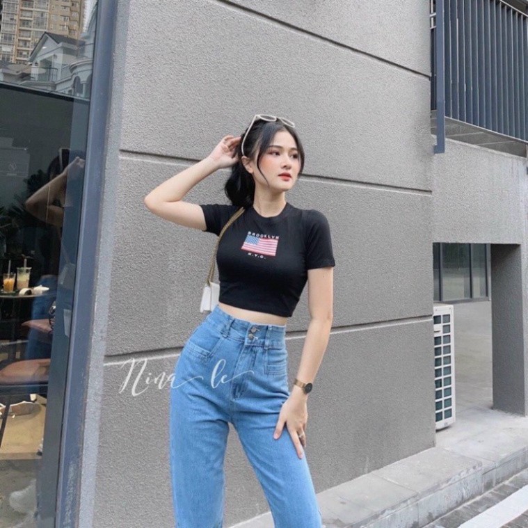 Áo Croptop Nữ Cộc Tay In Cờ 🦋 Áo Thun Crt Nữ Chất Cotton 3 Màu 🦋