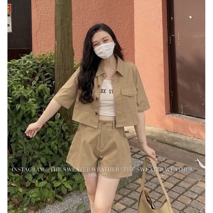 Set 3 Món Kaki (loại 1) Áo Khoác Tay Ngắn Kèm Áo Dây ALBX Mix Quần Short